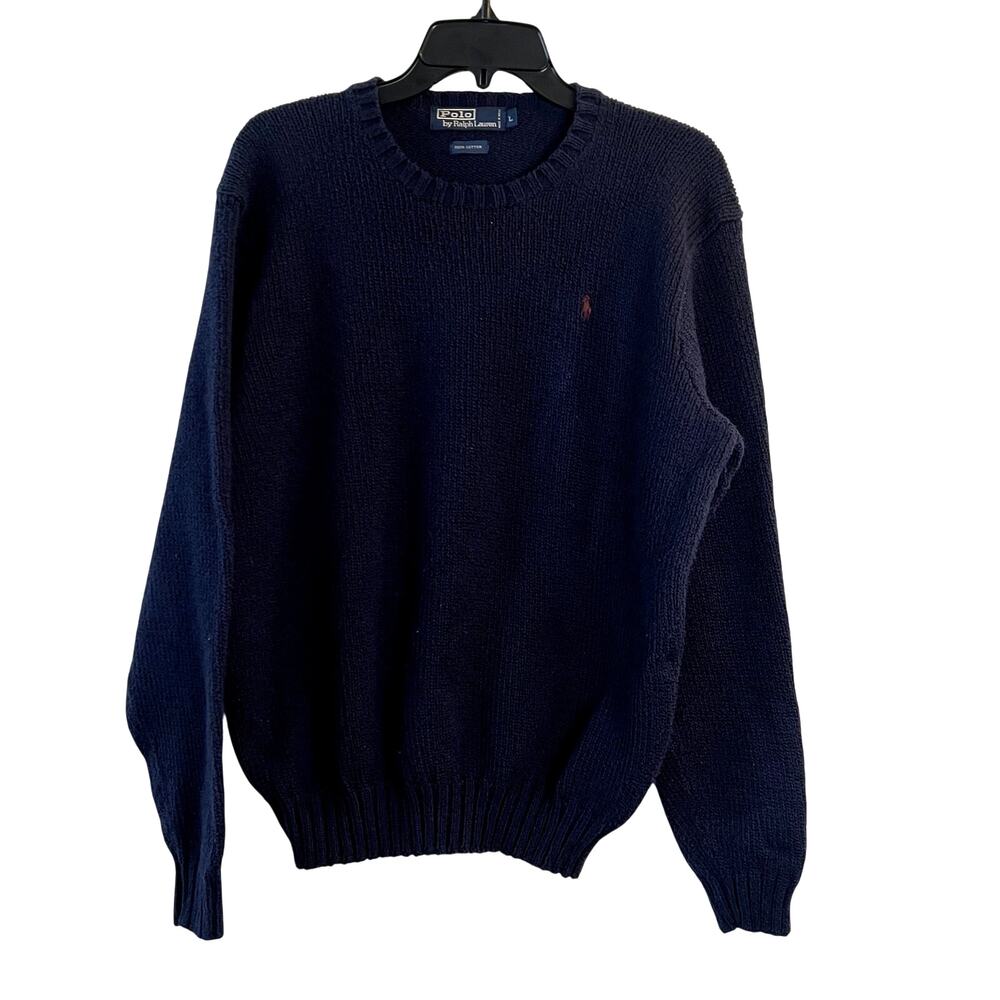 Polo Ralph Lauren Vintage Men's Sweater Crew Neck Size L Navy Blue 100% Cotton
